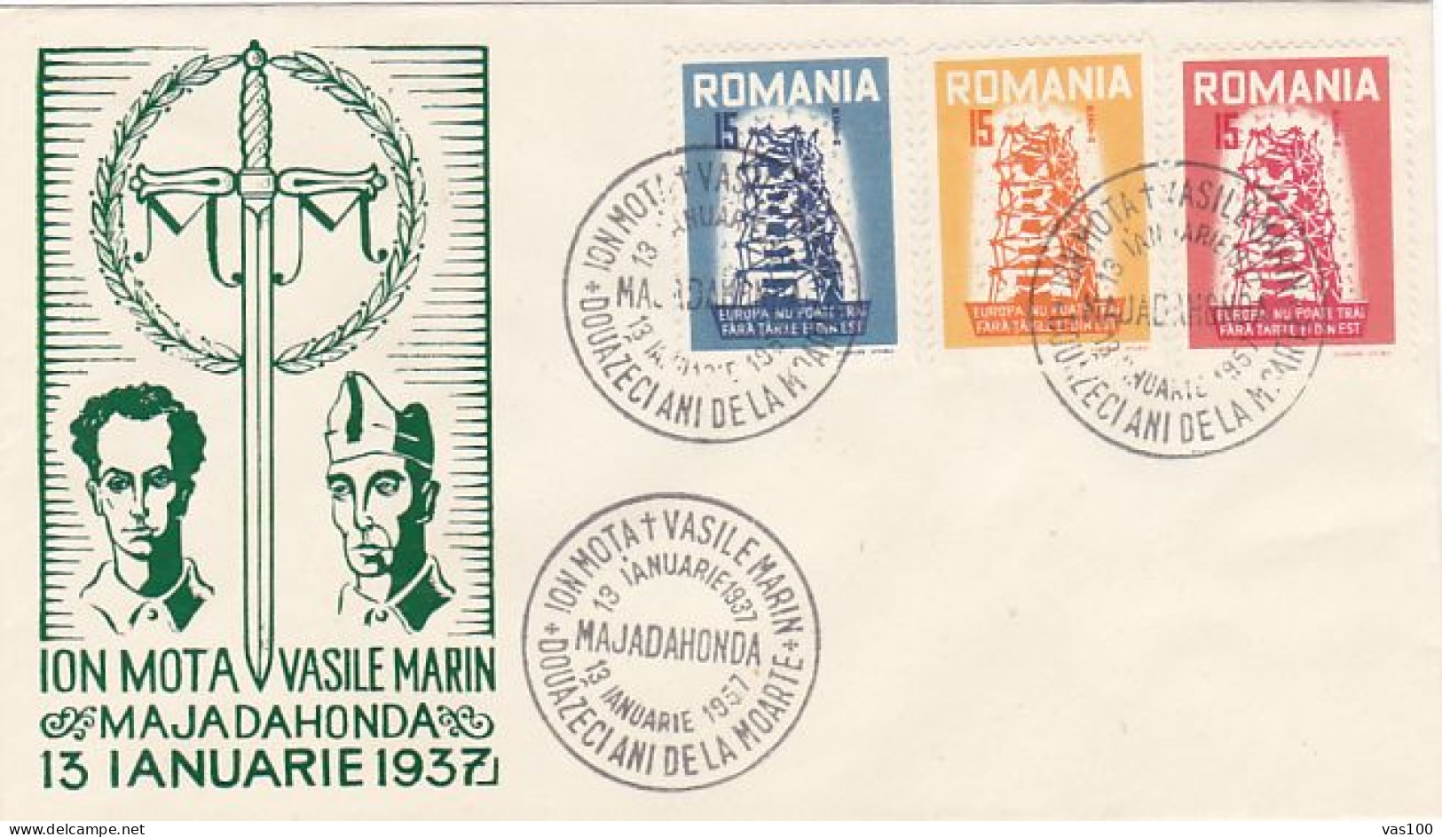 ION MOTA AND VASILE MARIN, IRON GUARD, ROMANIANS IN EXILE IN SPAIN, SPECIAL COVER, 1957, ROMANIA - Briefe U. Dokumente