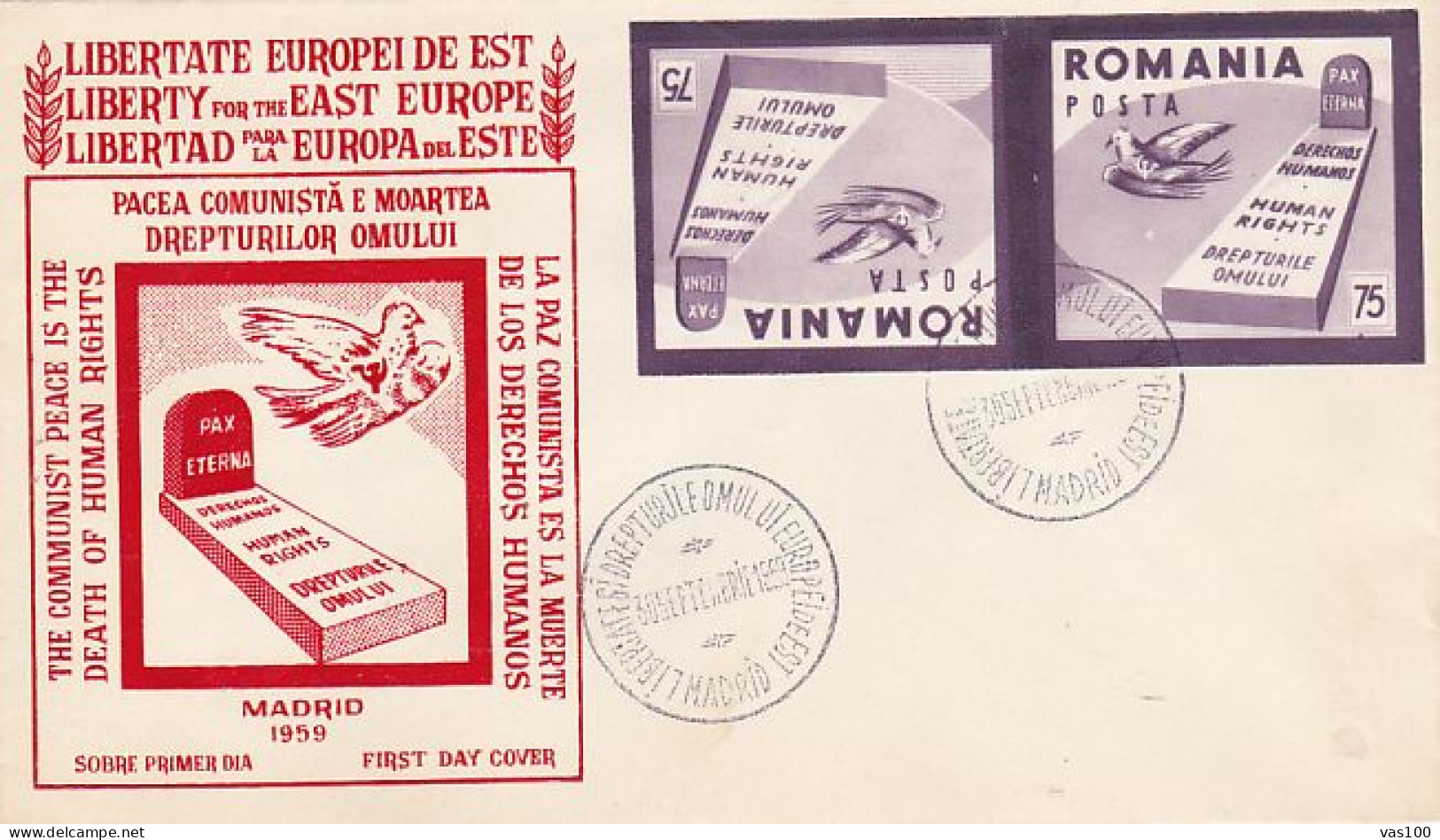 LIBERTY FOR THE EAST EUROPE, ROMANIANS IN EXILE IN SPAIN, SPECIAL COVER, 1959, ROMANIA - Lettres & Documents