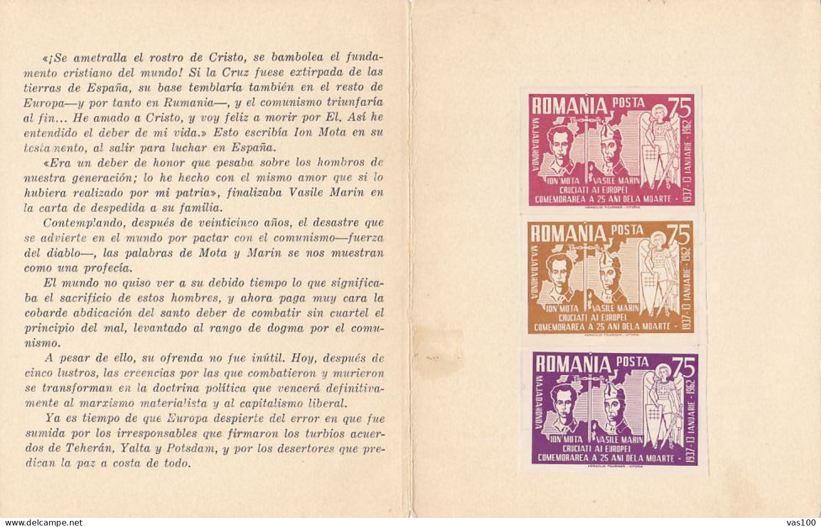 ION MOTA AND VASILE MARIN, IRON GUARD, SPANISH CIVIL WAR, ROMANIANS IN EXILE IN SPAIN, BOOKLET, 1962, ROMANIA - Blocks & Sheetlets