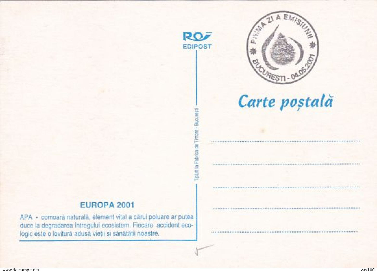 ENVIRONMENT PROTECTION, CLEAN WATERS, CM, MAXICARD, CARTES MAXIMUM, OBLIT FDC, 2001, ROMANIA - Environment & Climate Protection