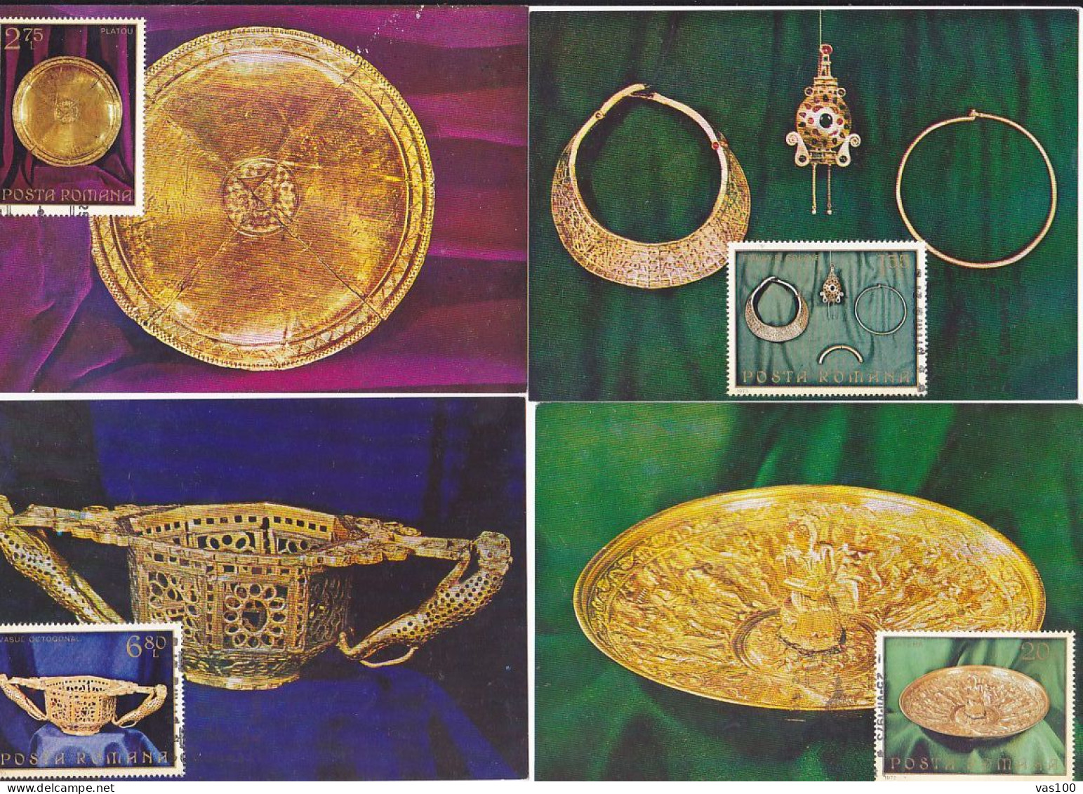 ARCHAEOLOGY, PIETROASA TREASURE, ANCIENT DACIAN RELICS, CM, MAXICARD, CARTES MAXIMUM, OBLIT FDC, X5, 1973, ROMANIA - Arqueología