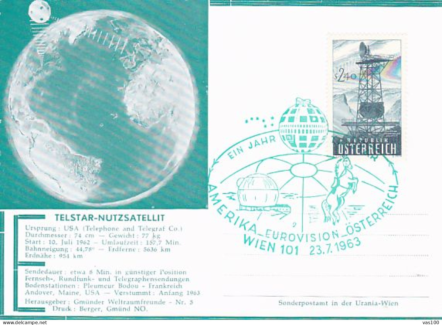 SCIENCE, TELECOM, TELSTAR SATELLITE, EUROVISION SONGS CONTEST, SPECIAL POSTCARD, 1963, AUSTRIA - Telekom