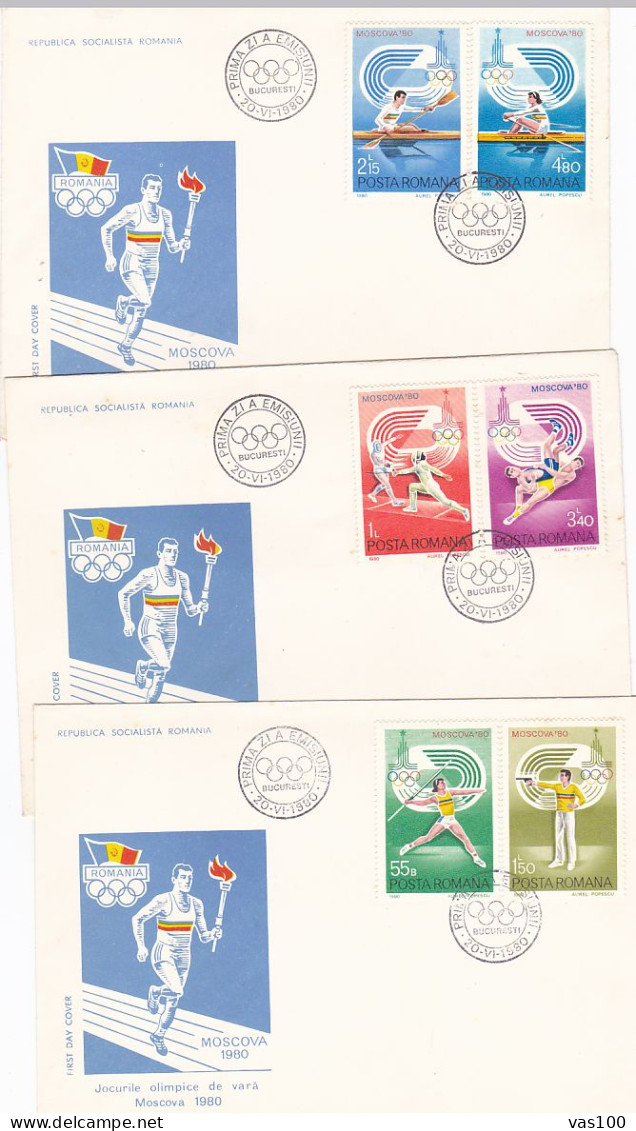 OLYMPIC GAMES, MOSCOW'80, ROWING, CANOE, ATHLETICS, SHOOTING, FENCING, WRESTLING, COVER FDC, 3X, 1980, ROMANIA - Summer 1980: Moscow