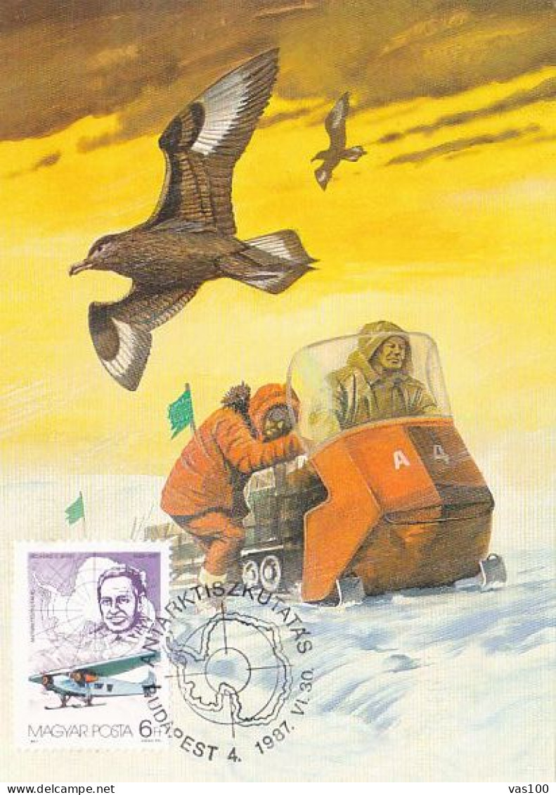 SOUTH POLE, ANTARCTIC RESEARCH, BIRD, EXPLORERS, VEHICLE, PLANE, CM, MAXICARD, CARTES MAXIMUM, 1987, HUNGARY - Autres & Non Classés