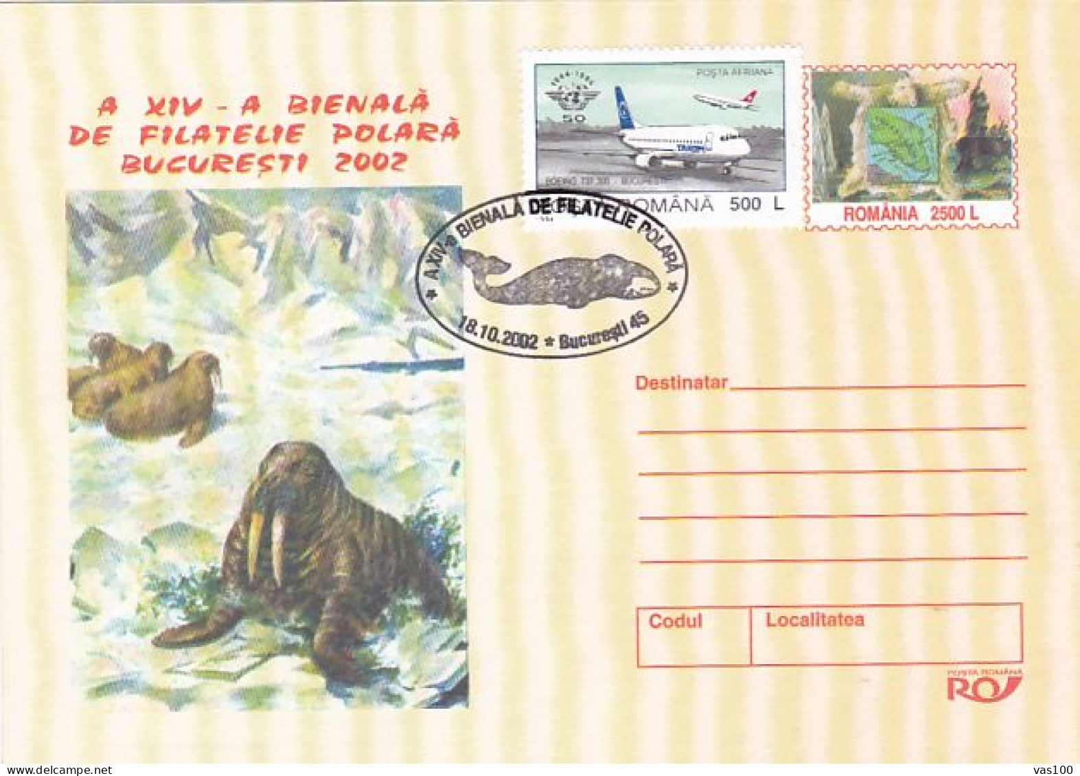 POLR PHILATELIC EXHIBITION, WALRUS, WHALES, COVER STATIONERY, ENTIER POSTAL, 2002, ROMANIA - Events & Gedenkfeiern
