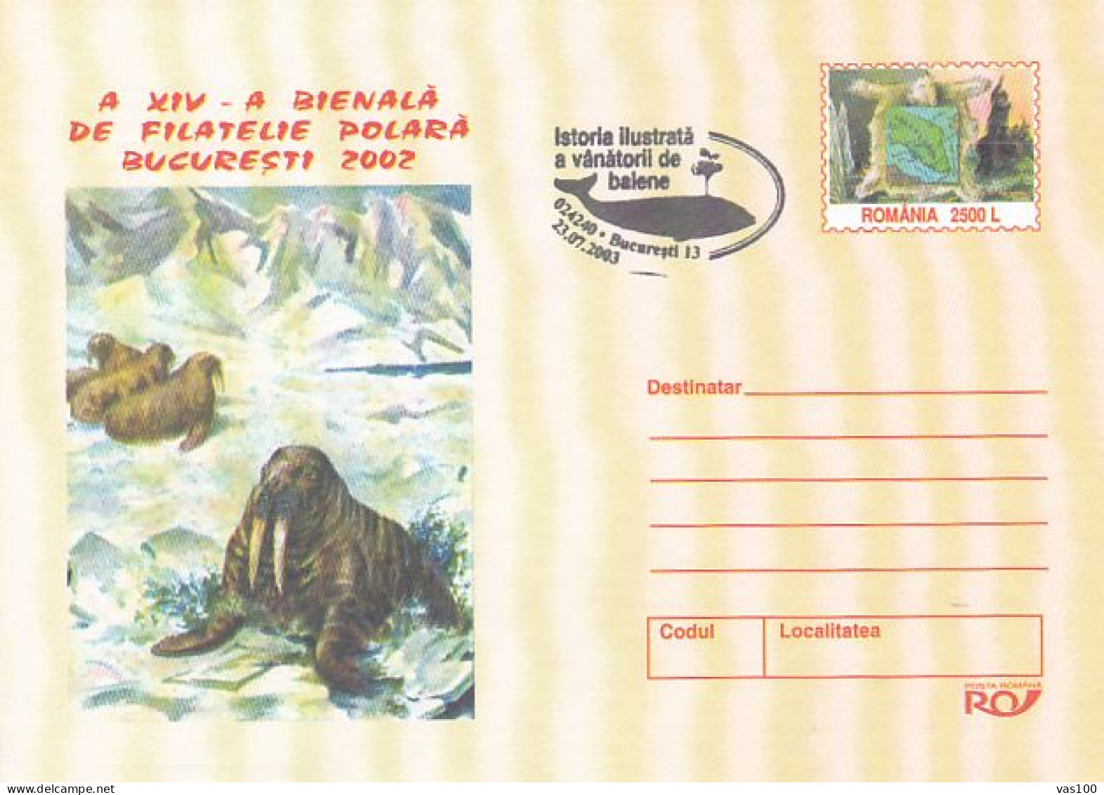 POLR PHILATELIC EXHIBITION, WALRUS, WHALES, COVER STATIONERY, ENTIER POSTAL, 2002, ROMANIA - Events & Commemorations