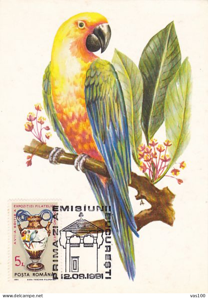 ANIMALS, BIRDS, PARROTS, SUN PARAKEET, CM, MAXICARD, CARTES MAXIMUM, OBLIT FDC, 1991, ROMANIA - Pappagalli & Tropicali