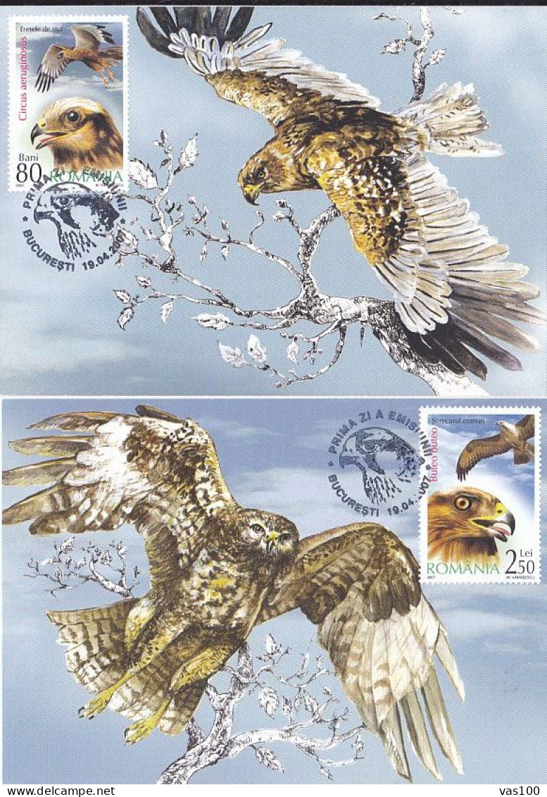 ANIMALS, BIRDS OF PREY, FALCON, OWL, EAGLE, HAWK, CM, MAXICARD, CARTES MAXIMUM, OBLIT FDC, X5, 2007, ROMANIA - Eagles & Birds Of Prey