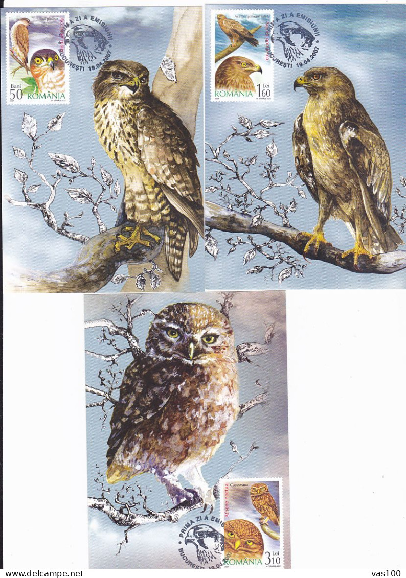 ANIMALS, BIRDS OF PREY, FALCON, OWL, EAGLE, HAWK, CM, MAXICARD, CARTES MAXIMUM, OBLIT FDC, X5, 2007, ROMANIA - Eagles & Birds Of Prey