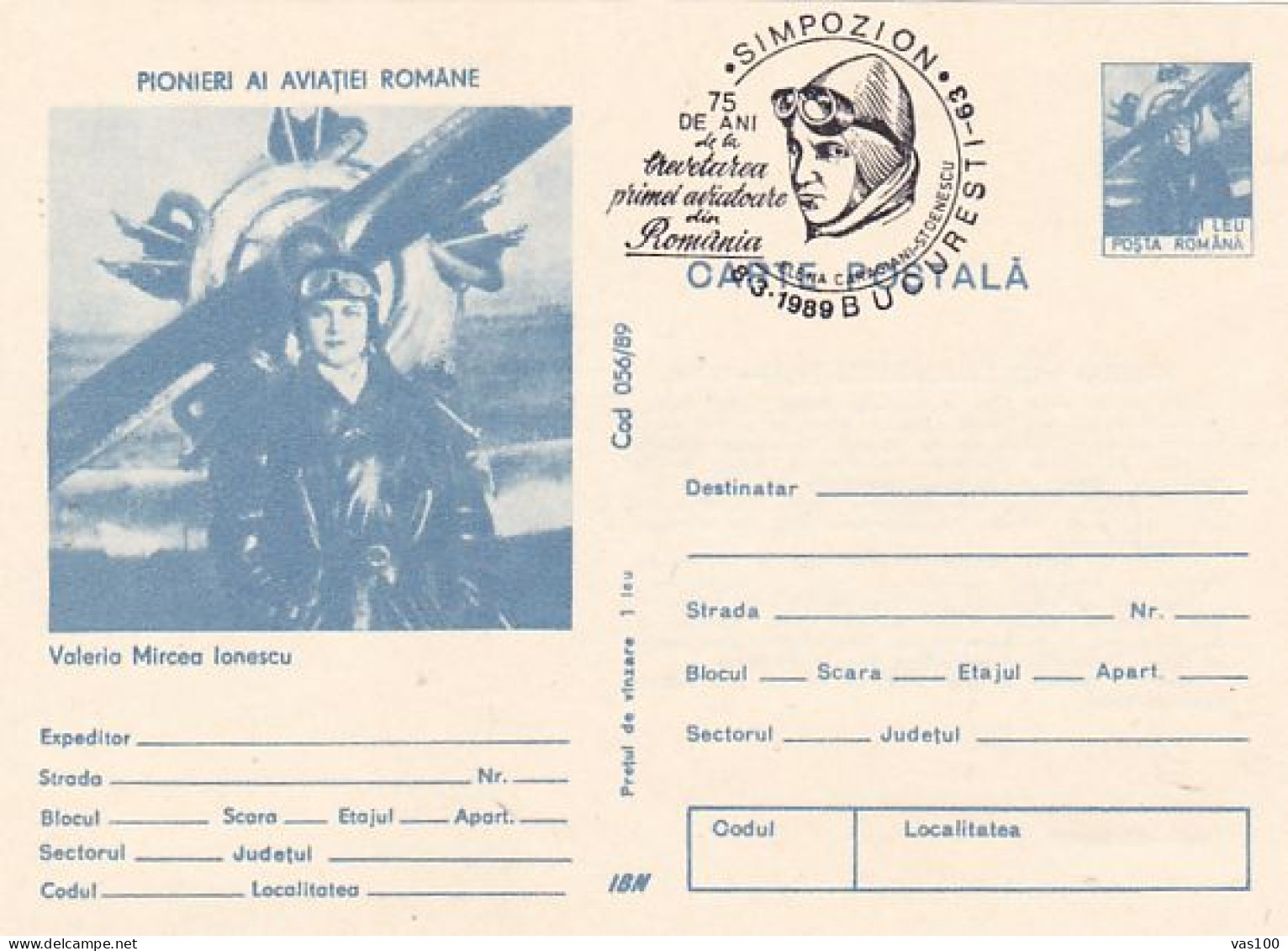 TRANSPORTS, AIRPLANES, VALERIA MIRCEA IONESCU, PILOT, PC STATIONERY, ENTIER POSTAL, 1989, ROMANIA - Airplanes