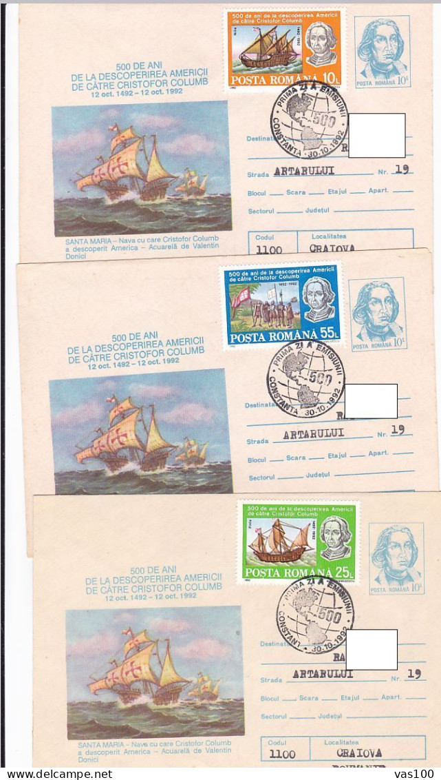 FAMOUS PEOPLE, CRISTOPHER COLUMBUS, AMERICA, SHIP, COVER STATIONERY, ENTIER POSTAL, OBLIT FDC, 3X, 1992, ROMANIA - Cristoforo Colombo
