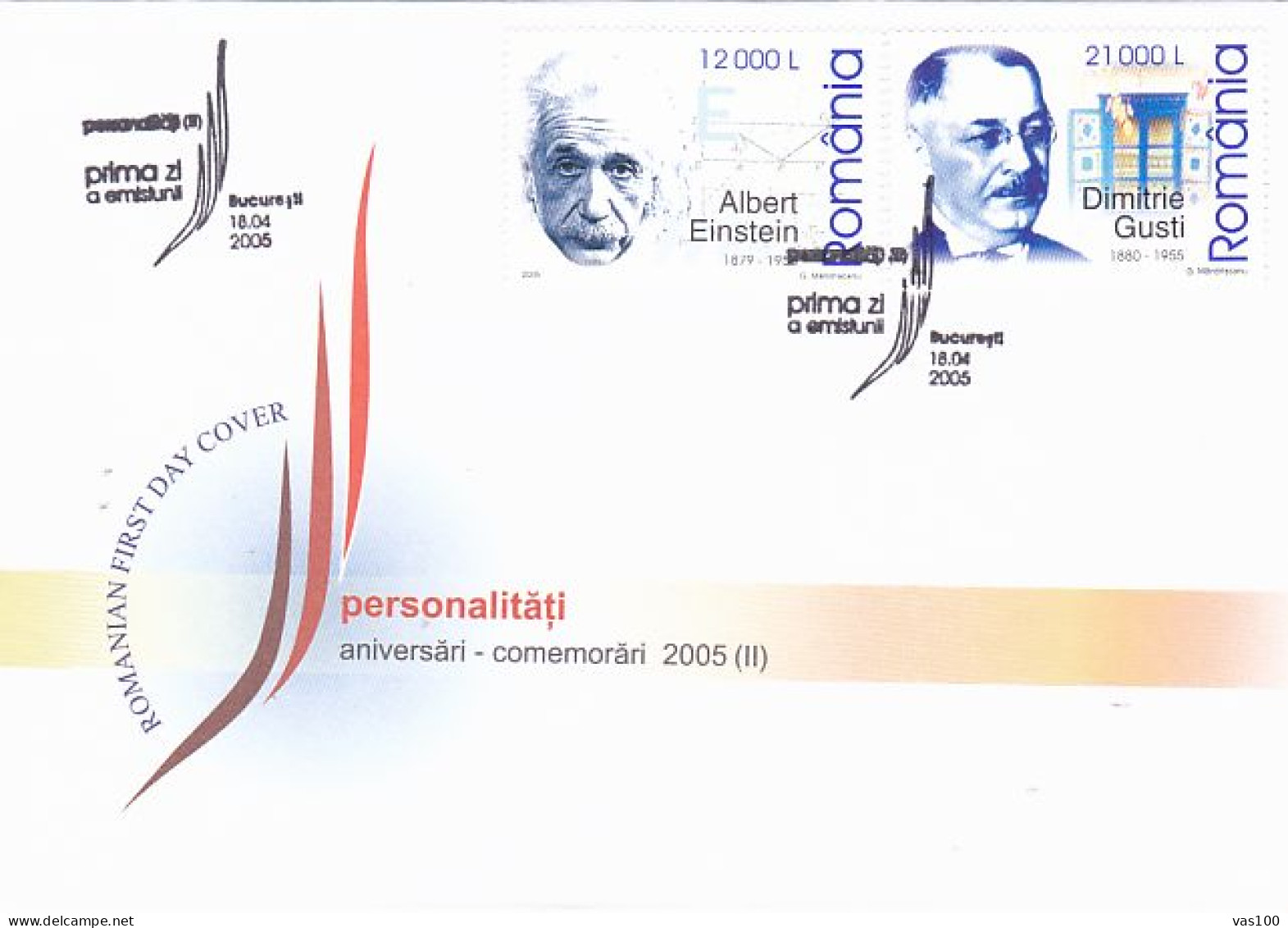 FAMOUS PEOPLE, ALBERT EINSTEIN, DIMITRIE GUSTI, PERSONALITIES, COVER FDC, 2005, ROMANIA - Albert Einstein