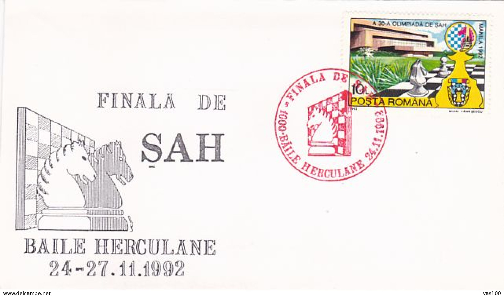 GAMES, CHESS, BAILE HERCULANE CHESS TOURNAMENT FINALS, SPECIAL COVER, 1992, ROMANIA - Schaken