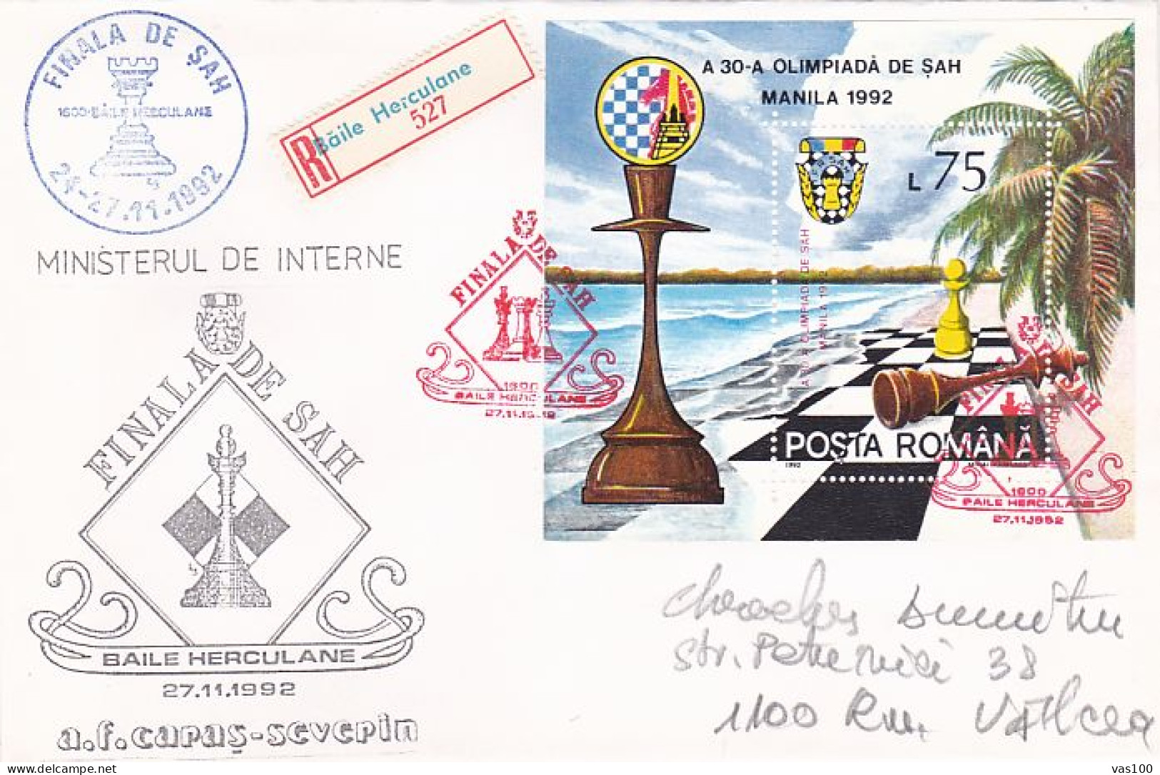GAMES, CHESS, BAILE HERCULANE CHESS TOURNAMENT FINALS, MANILA OLYMPIAD STAMP SHEET, REG SPECIAL COVER, 1992, ROMANIA - Chess