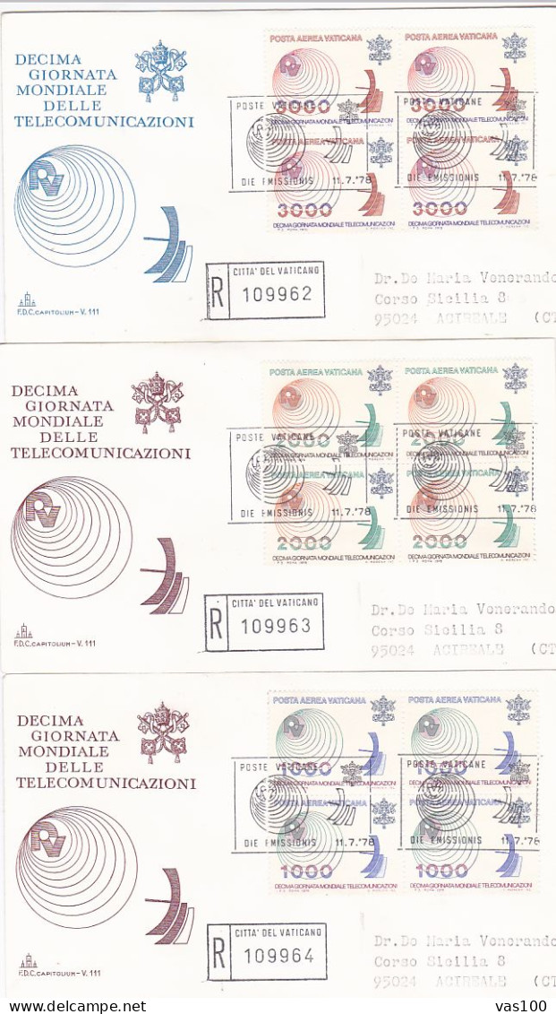 SCIENCE, TELECOM, WORLD TELECOMMUNICATIONS DAY, REGISTERED COVER FDC, 3X, 1978, VATICAN - Telecom