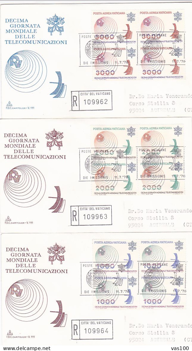 SCIENCE, TELECOM, WORLD TELECOMMUNICATIONS DAY, REGISTERED COVER FDC, 3X, 1978, VATICAN - Telekom
