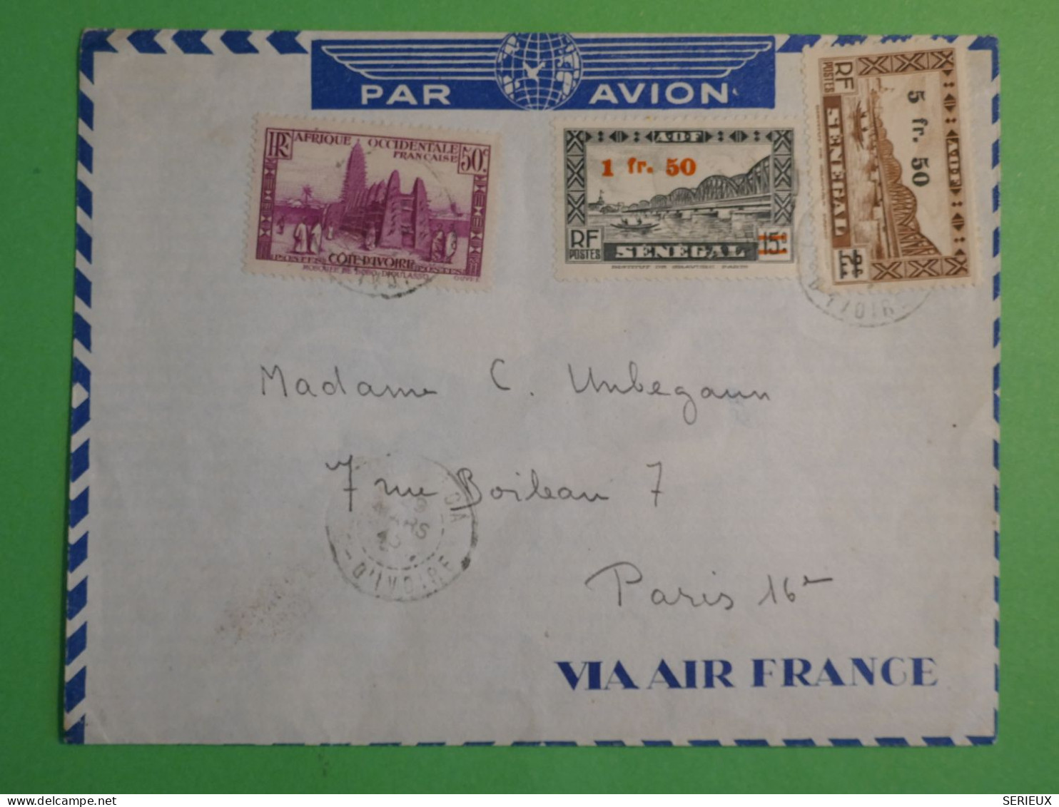 DN9 AOF SENEGAL   BELLE  LETTRE MIXTE   1945  DAKAR A PARIS FRANCE +SURCHARGE + AFF.  INTERESSANT++ - Brieven En Documenten