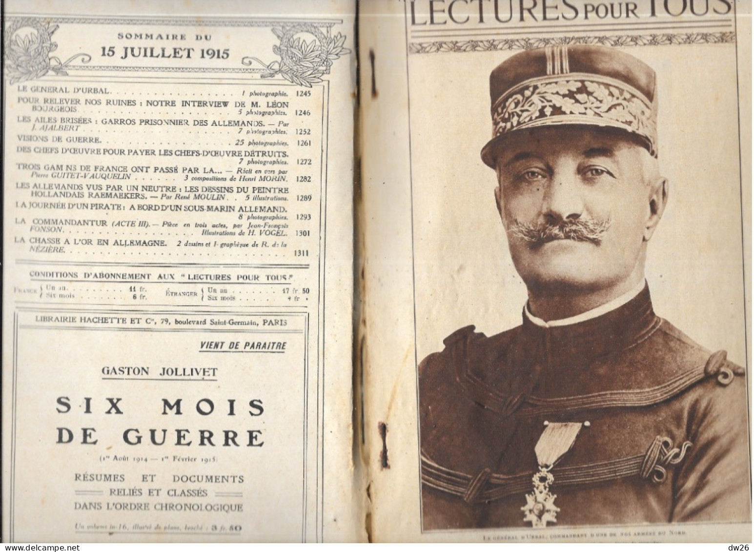 Revue Hachette Bimensuelle Sur La 1ère Guerre Mondiale - Lectures Pour Tous Du 15 Juillet 1915 - 1900 - 1949