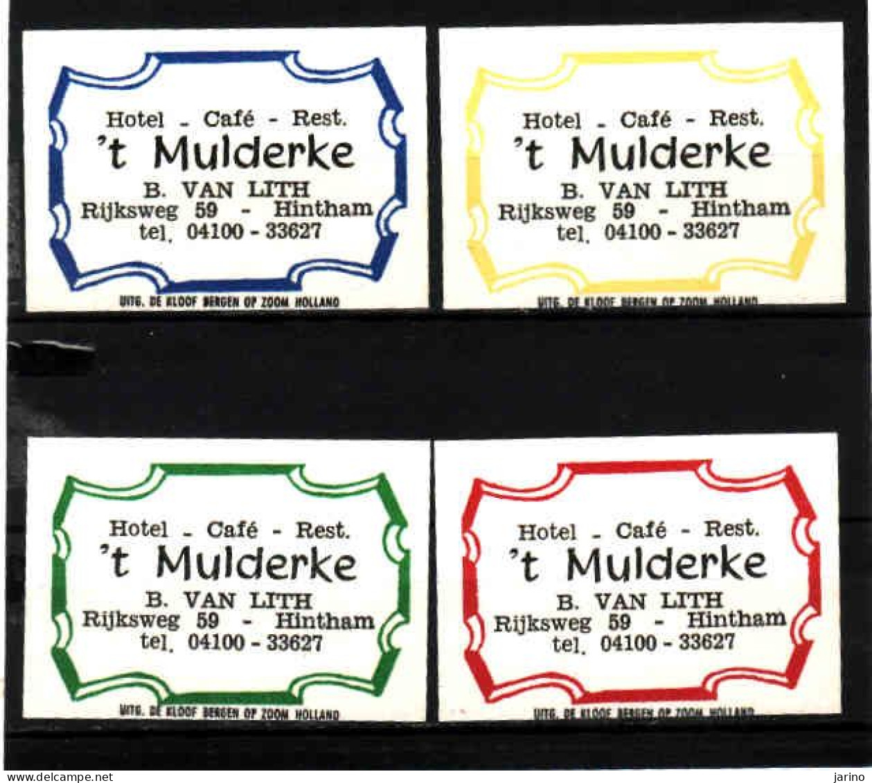 4 Dutch Matchbox Labels, HINTHAM - North Brabant, Hotel Café Rest. 't Mulderke, B. Van Lith, Holland, Netherlands - Zündholzschachteletiketten