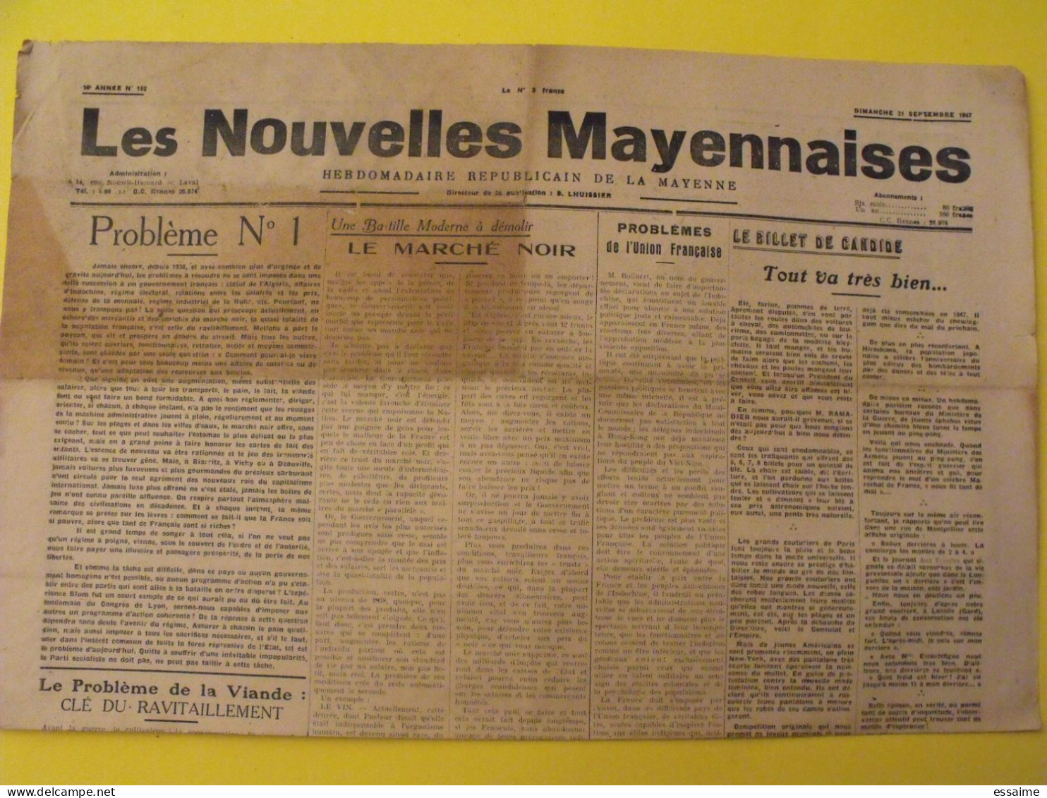 Hebdo Les Nouvelles Mayennaises. Chateau-Gontier Laval. N° 152 Du 21 Septembre 1947. Marché Noir Lhuissier - Pays De Loire