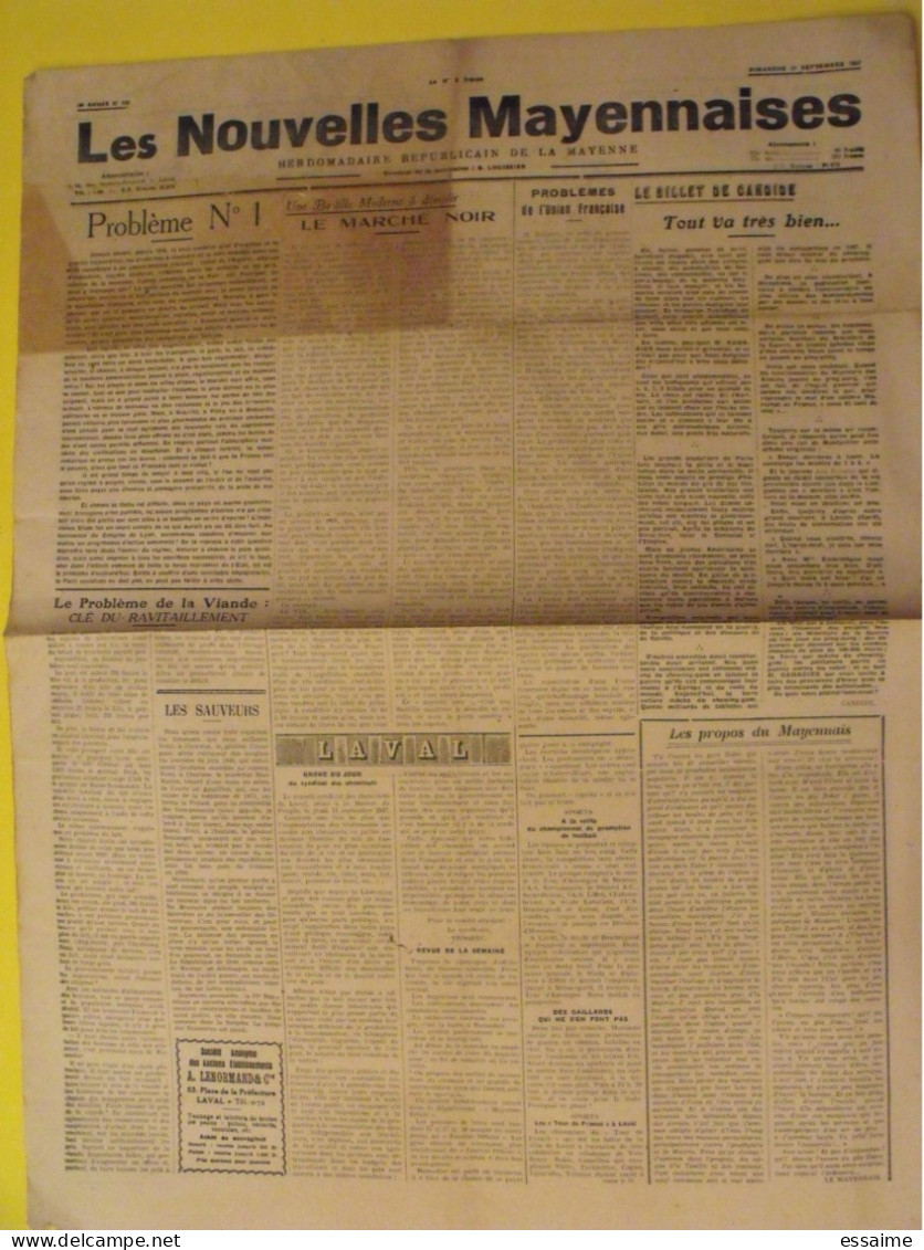 Hebdo Les Nouvelles Mayennaises. Chateau-Gontier Laval. N° 152 Du 21 Septembre 1947. Marché Noir Lhuissier - Pays De Loire