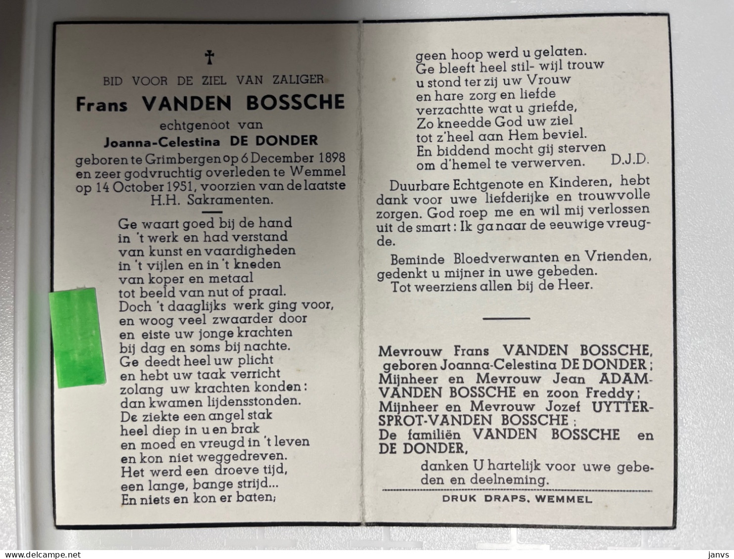 Devotie DP - Overlijden Frans Vanden Bossche Echtg De Donder - Grimbern 1898 - Wemmel 1951 - Décès