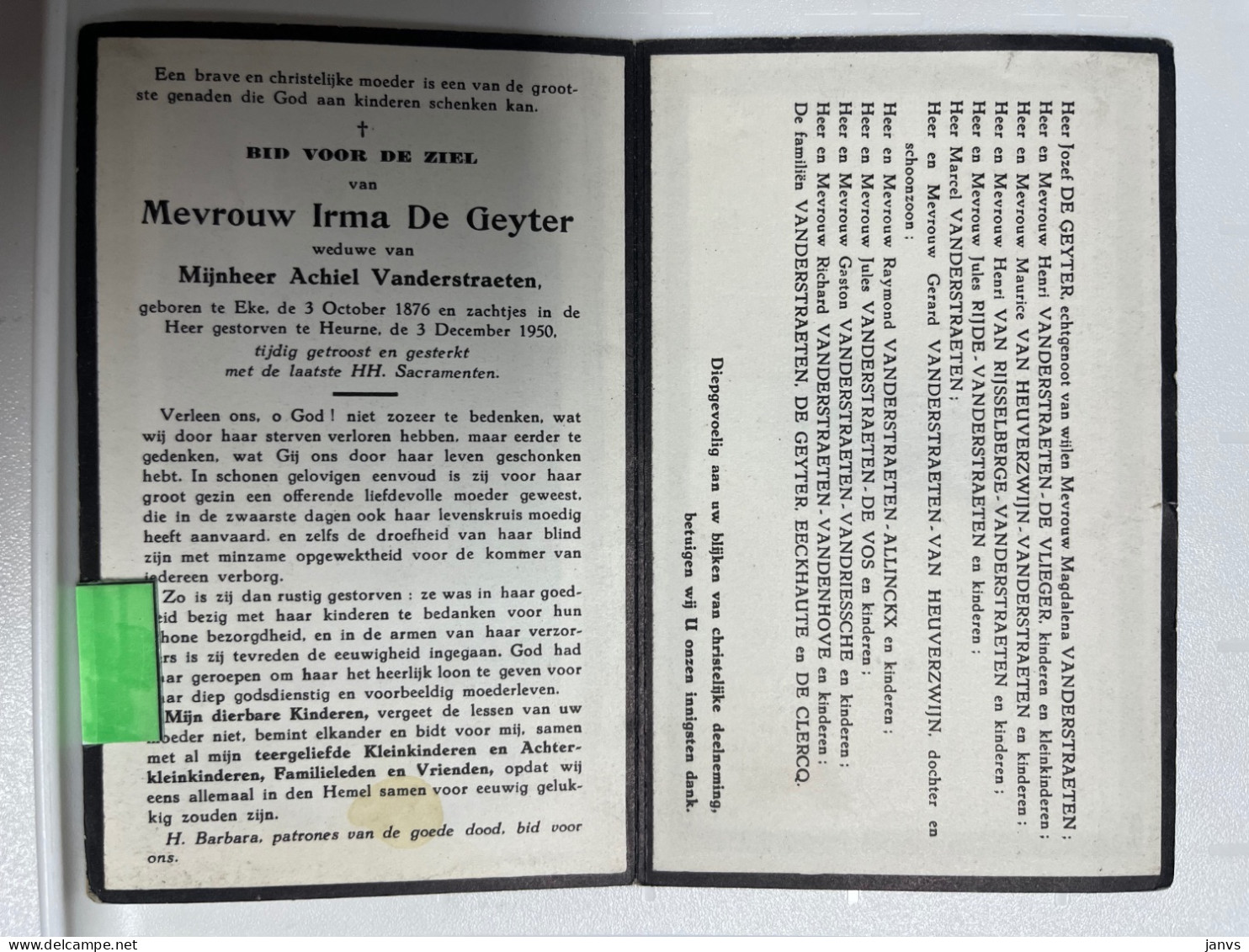 Devotie DP - Overlijden Irma Geyter Wwe Vanderstraeten - Eke 1876 - Heurne 1950 - Décès