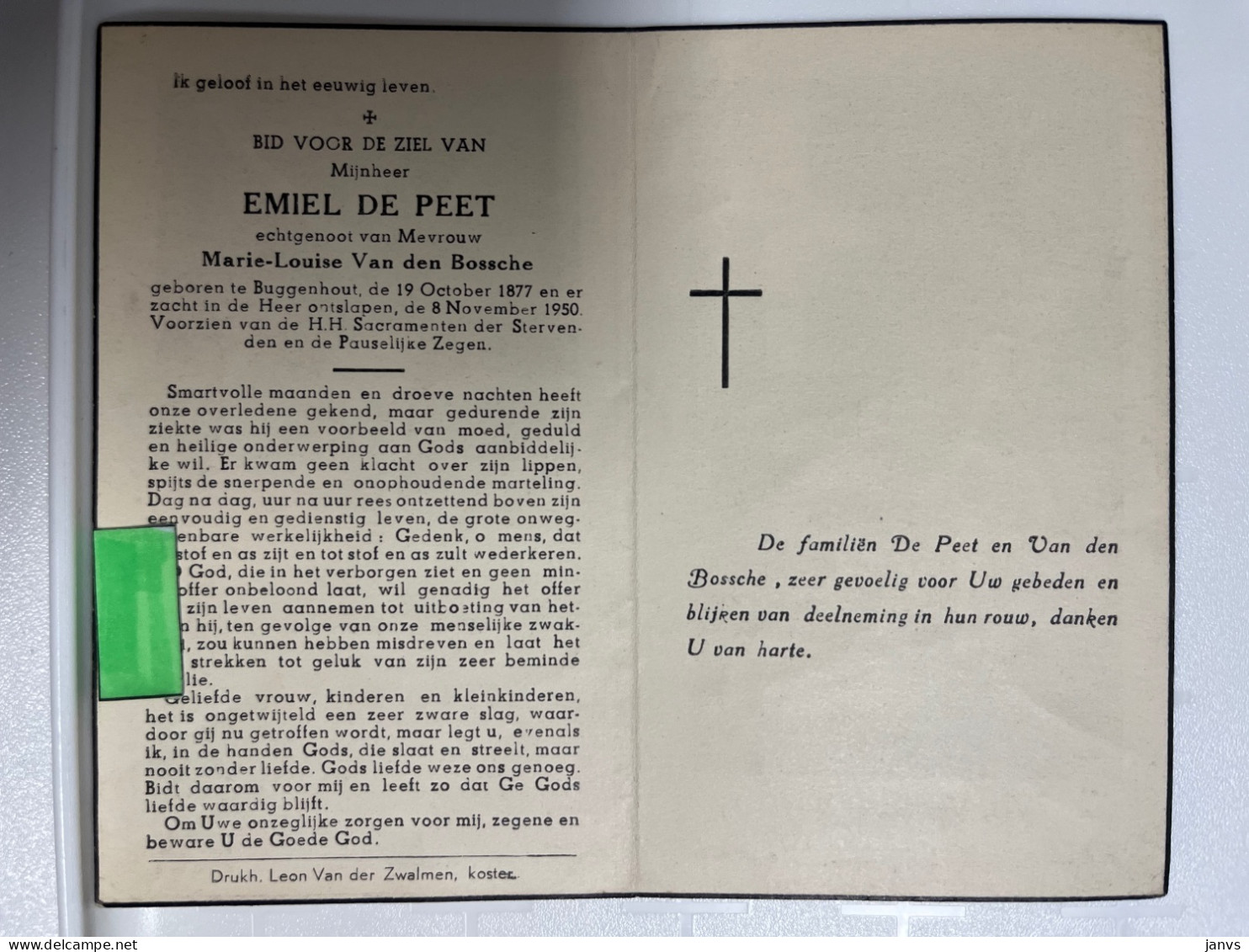 Devotie DP - Overlijden Emiel De Peet Echtg Van Den Bossche - Buggenhout 1877 - 1950 - Décès