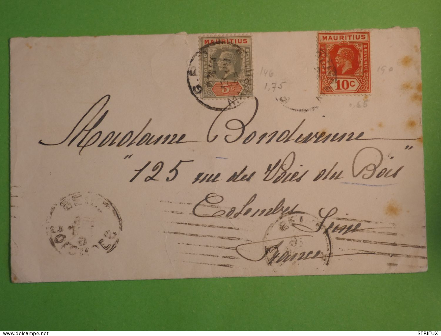 DN9 MAURITIUS     LETTRE  1932 ILE MAURICE A COLOMBES  FRANCE + + AFF.  INTERESSANT++ - Maurice (...-1967)