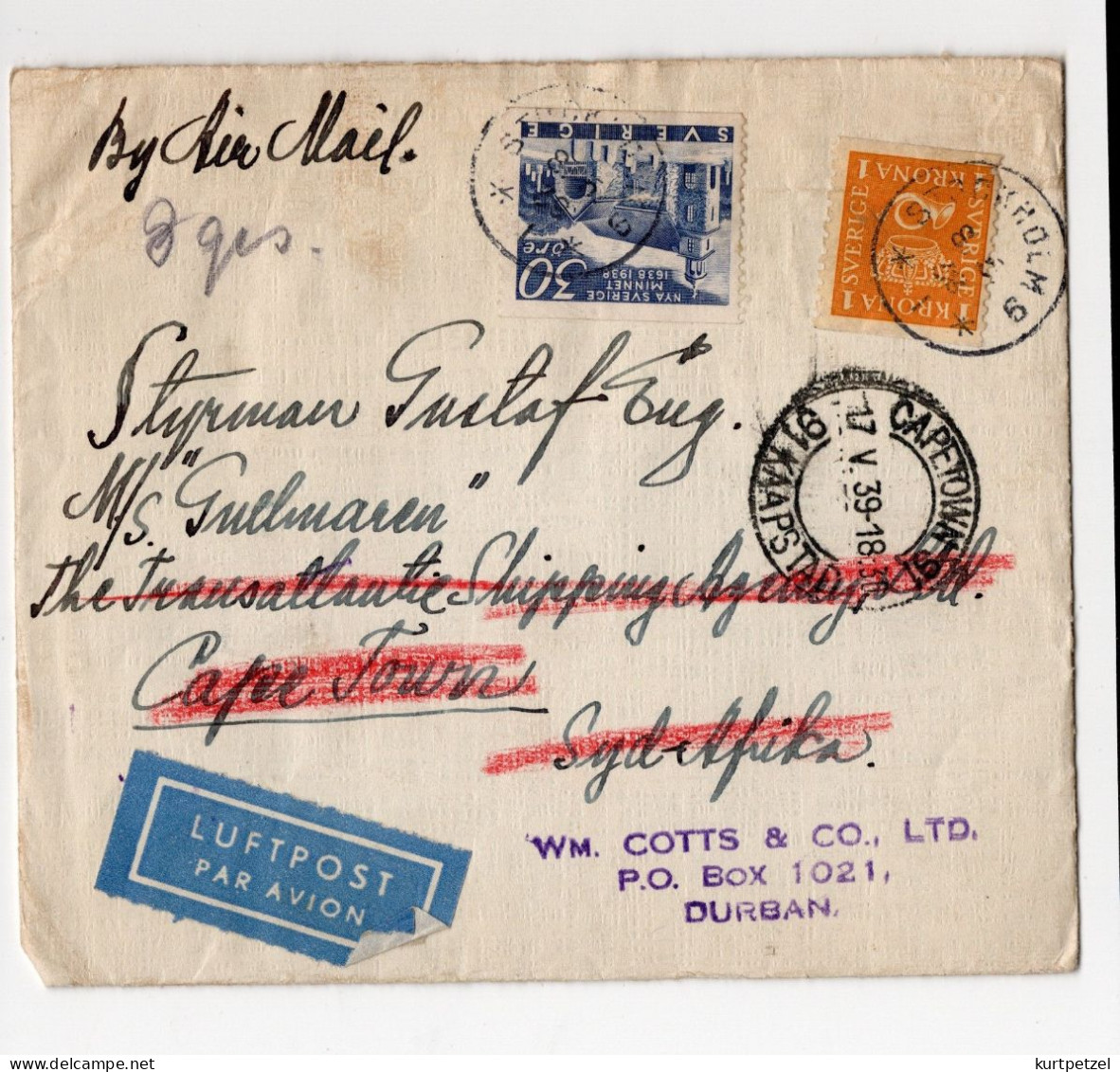 1939 : Brief Von Stockholm Nach Cape Town / Süd Afrika - Durban - Briefe U. Dokumente
