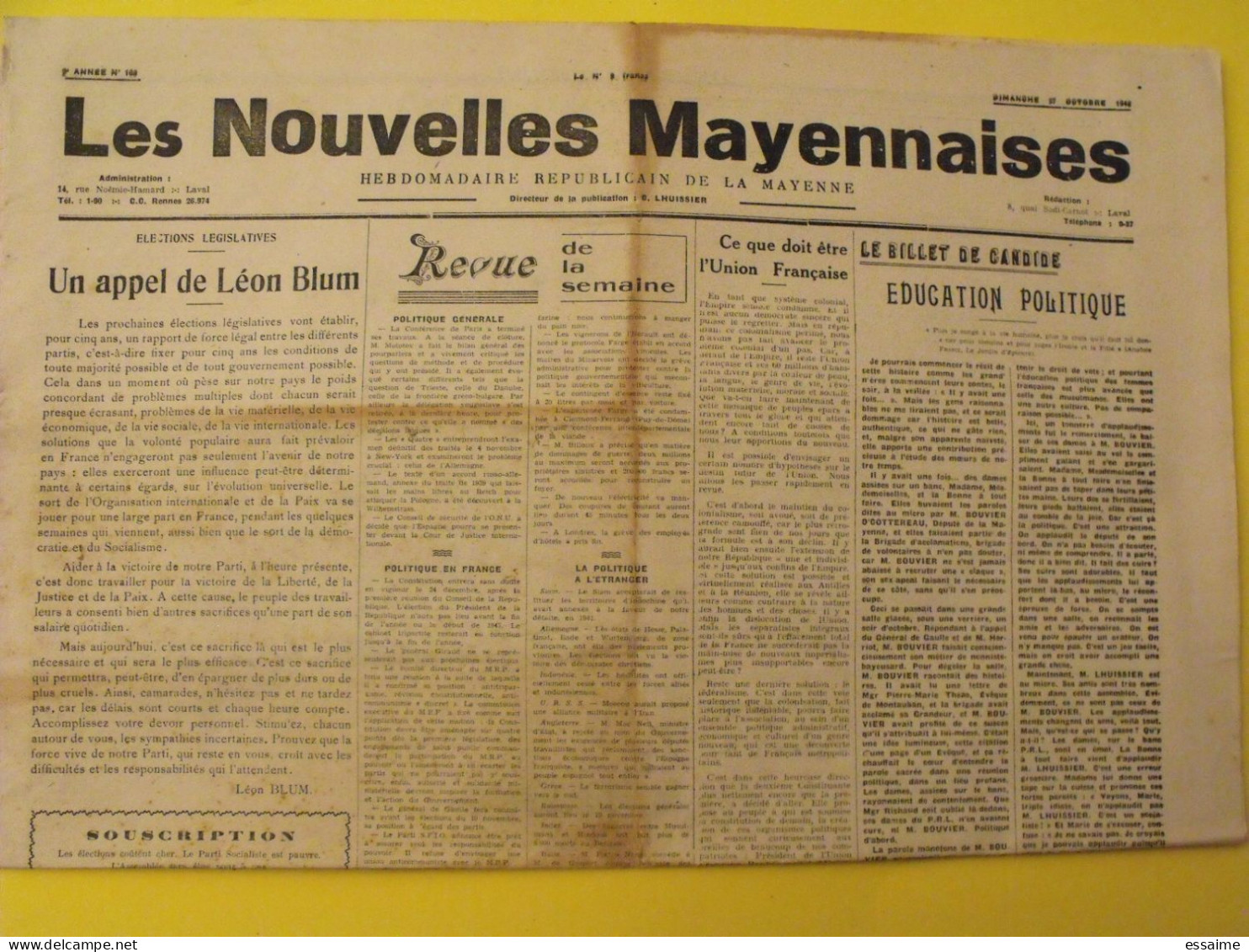 Hebdo Les Nouvelles Mayennaises. Chateau-Gontier Laval. N° 108 Du 27 Octobre 1946. Blum Soustelle LVF épuration Nazis - Pays De Loire