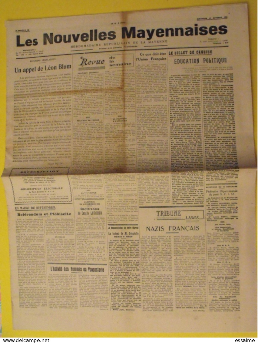 Hebdo Les Nouvelles Mayennaises. Chateau-Gontier Laval. N° 108 Du 27 Octobre 1946. Blum Soustelle LVF épuration Nazis - Pays De Loire