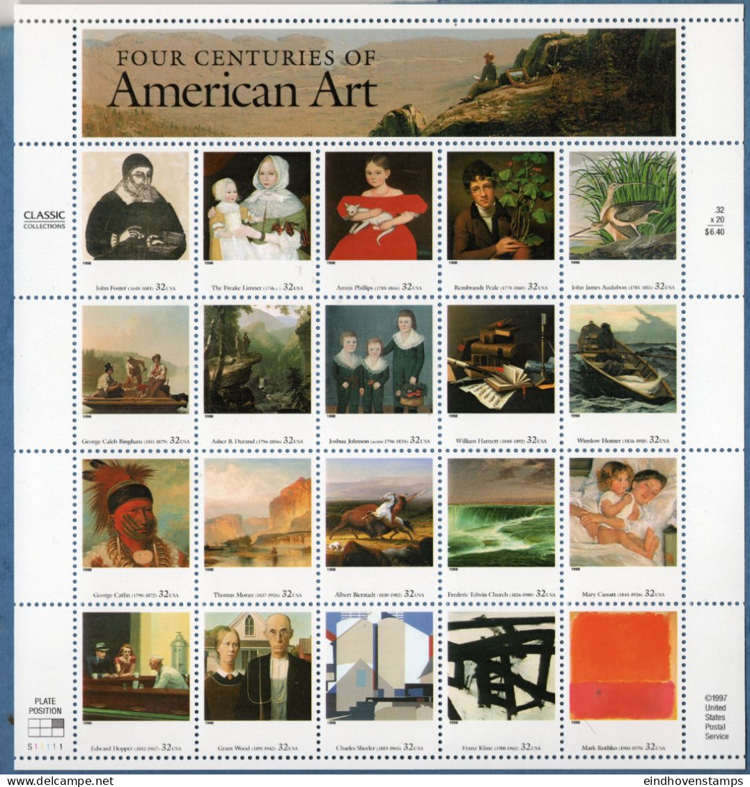 USA 1998 American Art In 4 Cent. Block MNH Mather, Freake, Phillips, Peale, Audubon, Bingham, Durand, Johnson, Harnett - Other & Unclassified