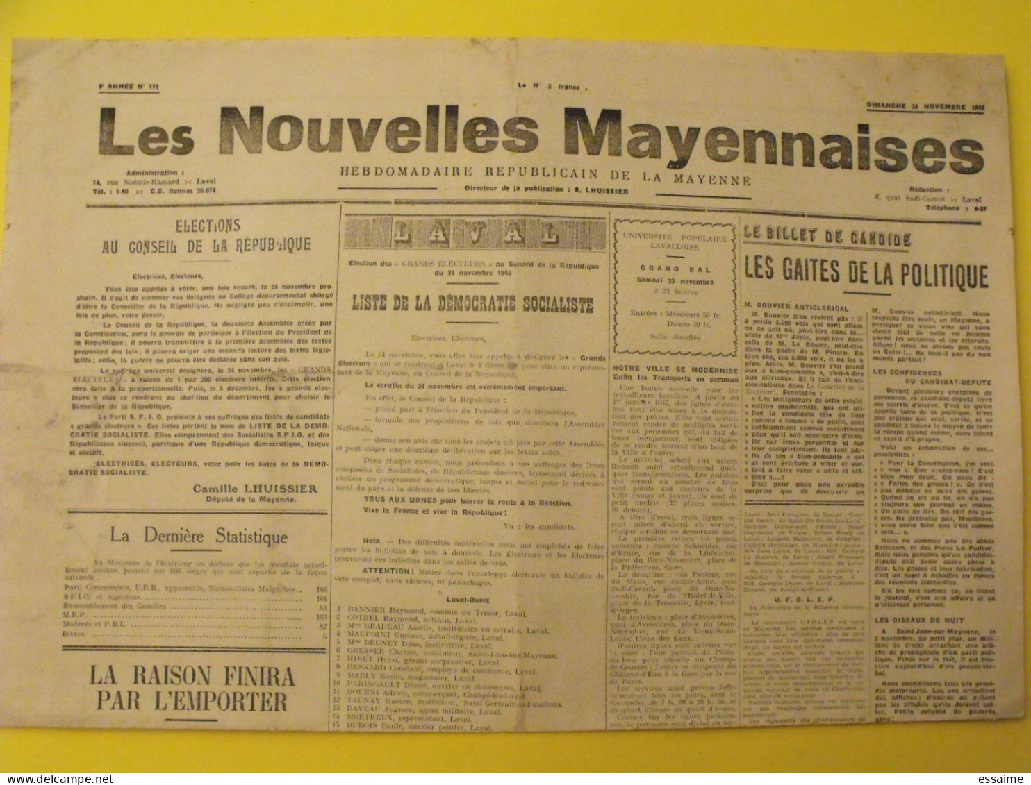 Hebdo Les Nouvelles Mayennaises. Chateau-Gontier Laval. N° 111 Du 24 Novembre 1946. Lhuissier Beuneux - Pays De Loire