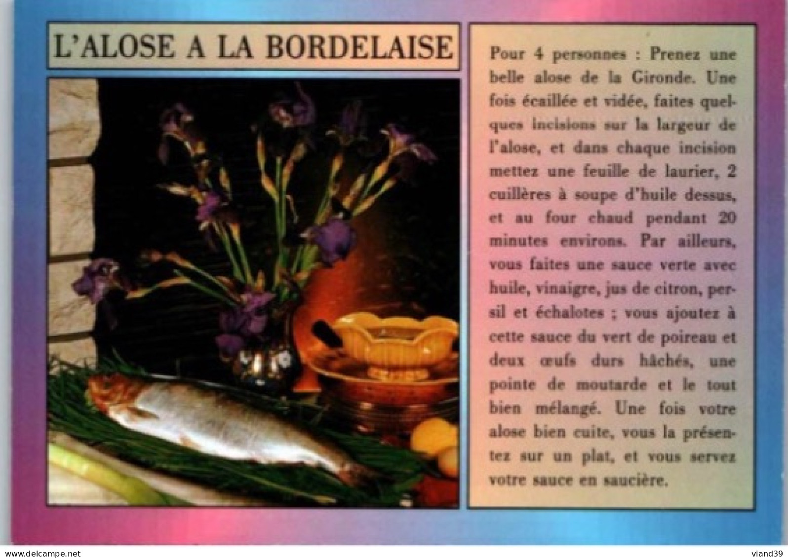 L'ALOSE A LA BORDELAISE  . -  Recettes De Cuisine De Gironde. - CPM - Voir Scannes Recto-Verso - Recepten (kook)