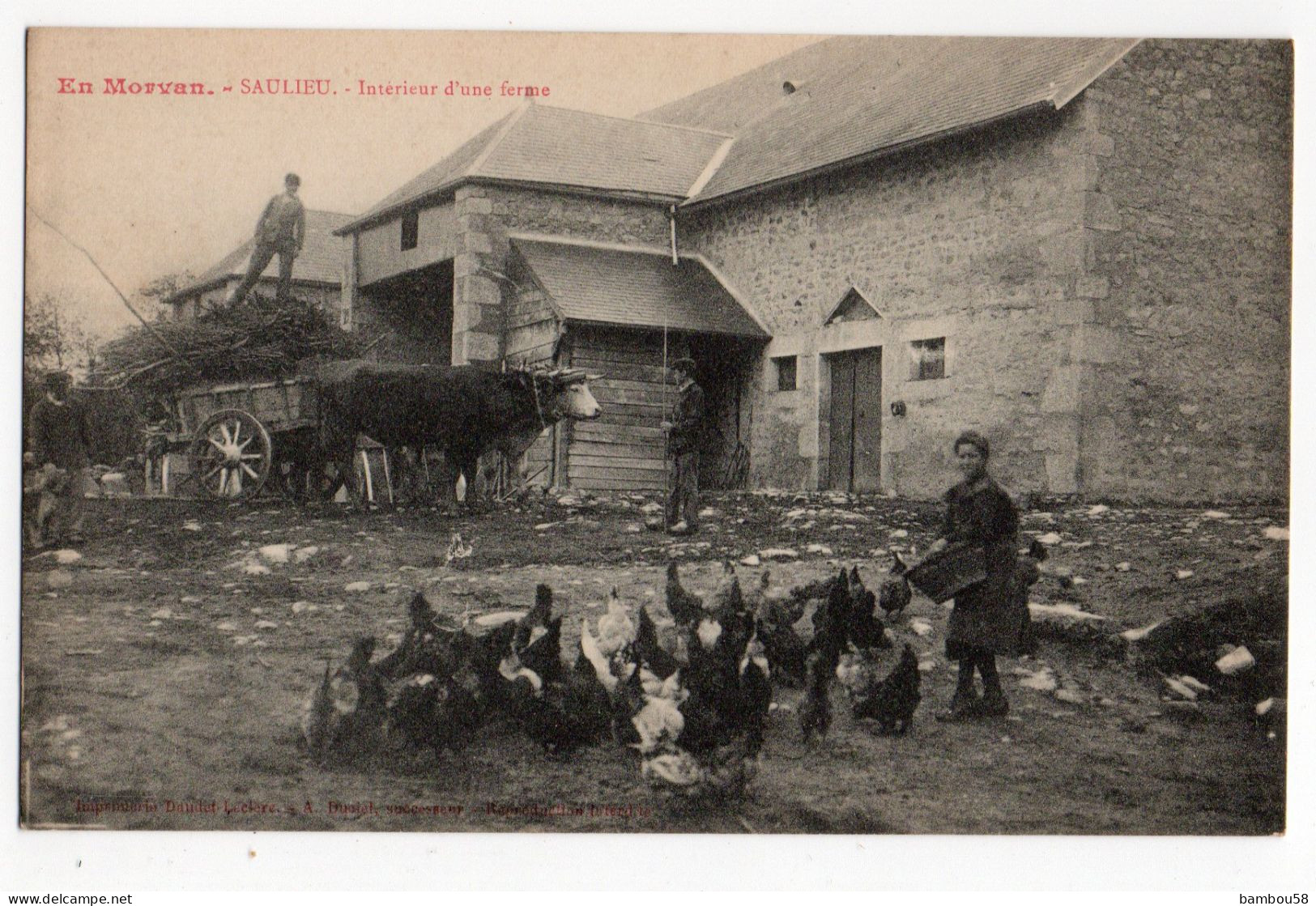 SAULIEU * COTE D'OR * INTERIEUR D'UNE FERME * ATTELAGE BOEUFS * POULES * Imp. Daudet-Leclerc, A. Duciel - MORVAN - Saulieu