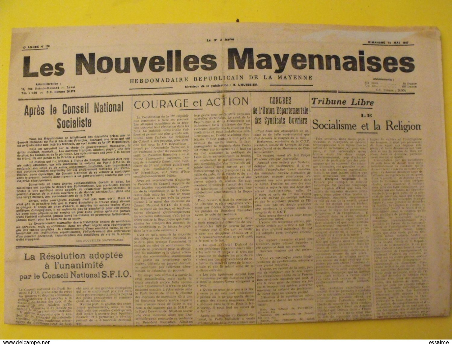 Hebdo Les Nouvelles Mayennaises. Chateau-Gontier Laval. N° 136 Du 19 Mai 1947. Lhuissier Beuneux SFIO Truman  Ramadier - Pays De Loire