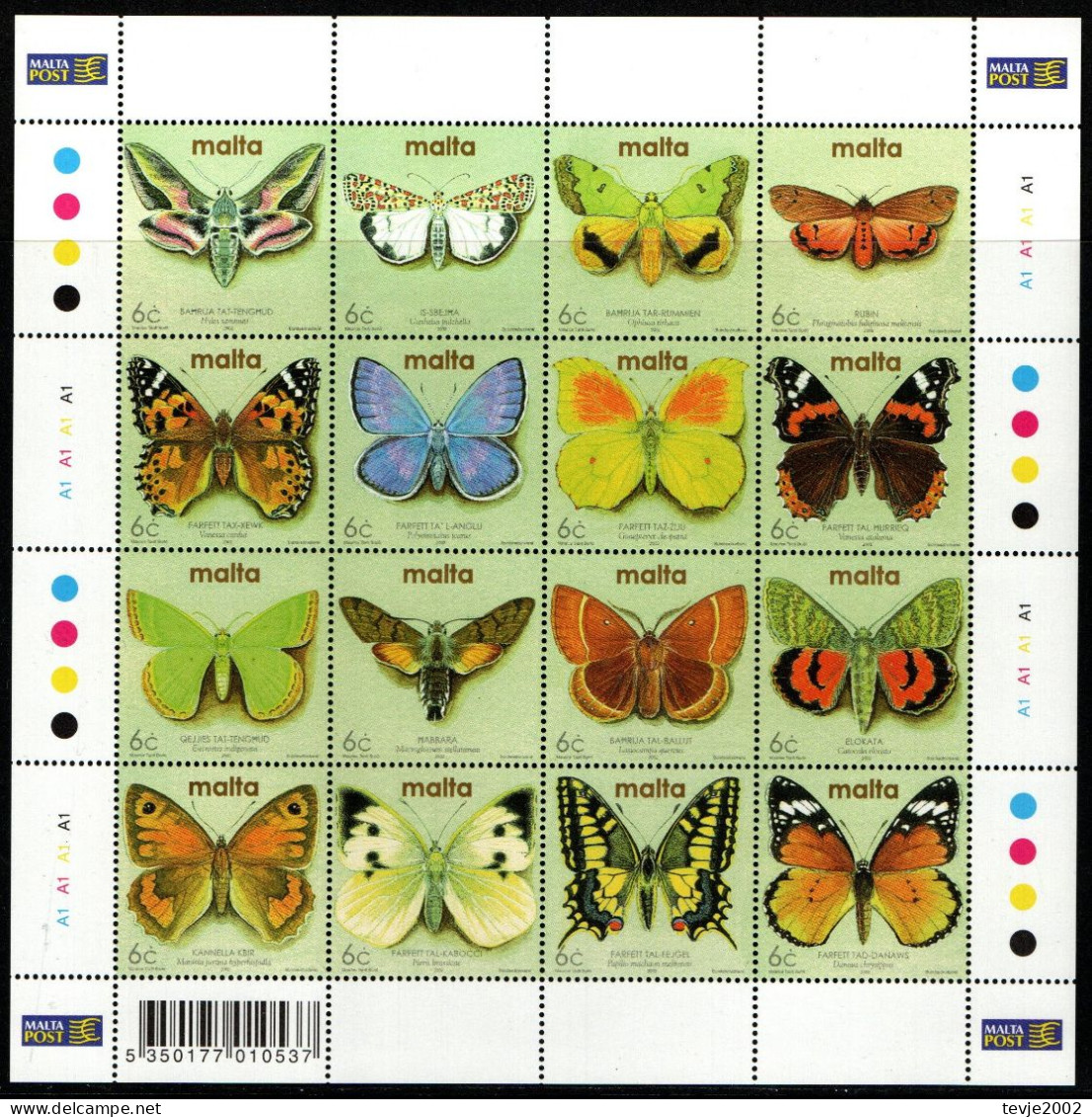 Malta 2002 - Mi.Nr. 1217 - 1232 Zd-Bogen - Postfrisch MNH - Tiere Animals Schmetterlinge Butterflies - Papillons