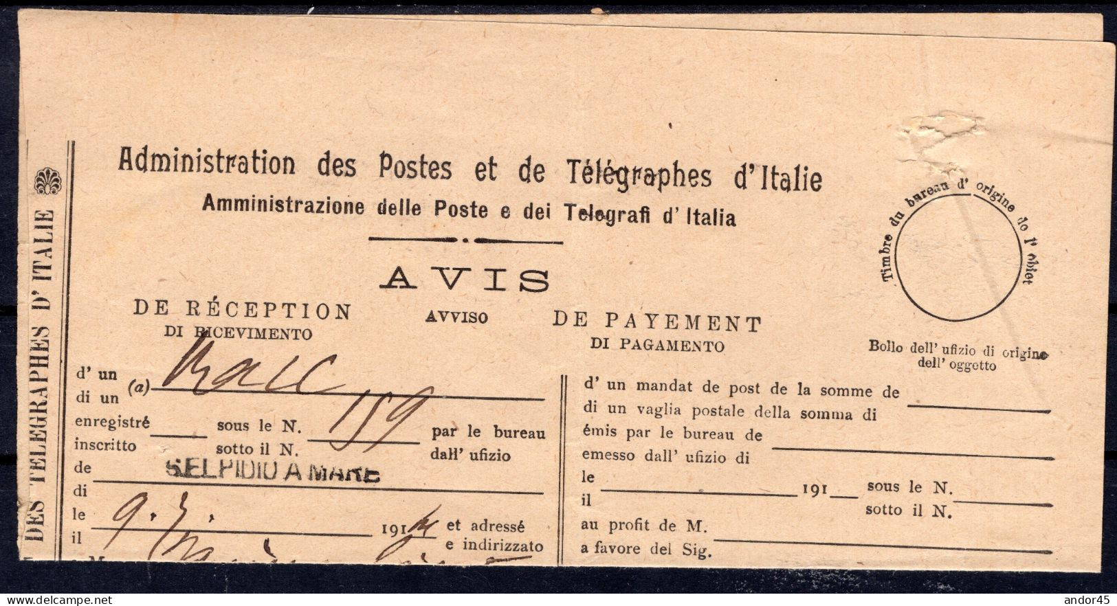 1914 11 LUG  C.10 SASS.82 "EFFIGIE DI VITT.EM.III VOLTA A SINISTRA"USATO SU AVVISO X ASCOLI   MOLTO BELLA - Poststempel