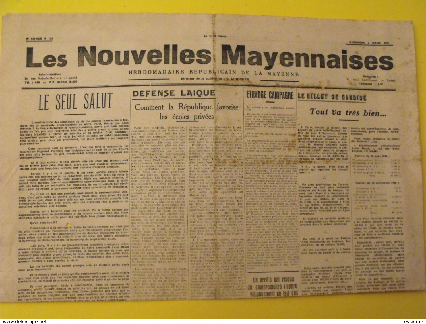 Hebdo Les Nouvelles Mayennaises. Chateau-Gontier Laval. N° 125 Du 2 Mars 1947. Défense Laïque Jeunesses Socialistes - Pays De Loire