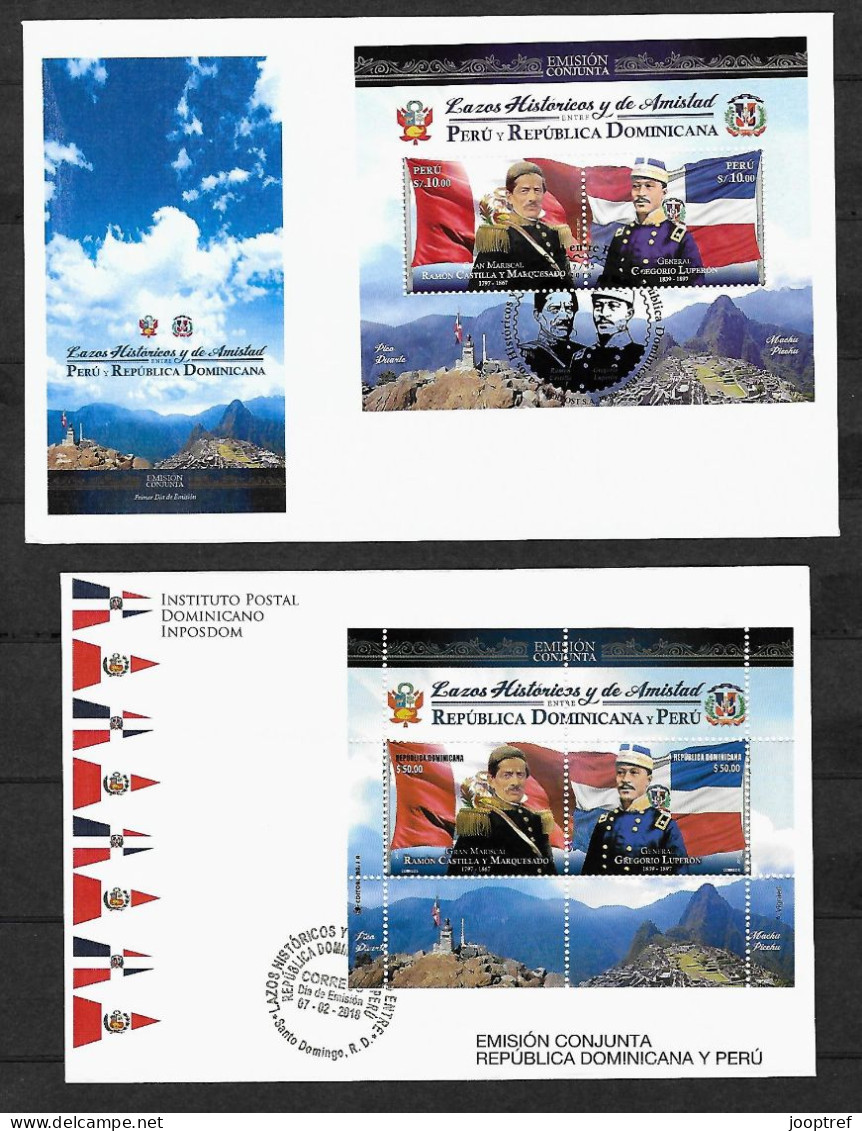 2018 Joint Dominican Republic And Peru, BOTH OFFICIAL FDC'S WITH SOUVENIR SHEET: Famous Politicians - Emissions Communes