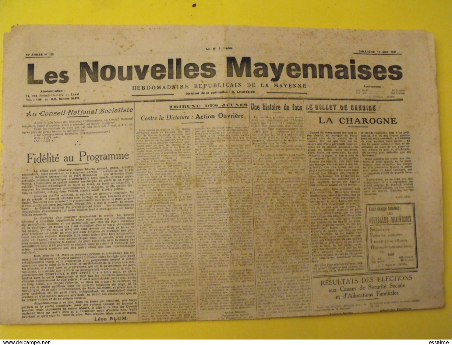 Hebdo Les Nouvelles Mayennaises. Chateau-Gontier Laval. N° 135 Du 11 Mai 1947. Depreux Lhuissier Socialiste - Pays De Loire