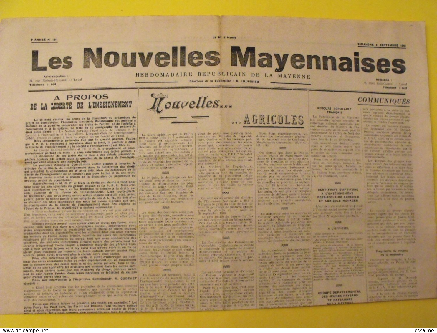 Hebdo Les Nouvelles Mayennaises. Chateau-Gontier Laval. N° 101 Du 8 Septembre 1946. Liberté Enseignement Lhuissier - Pays De Loire