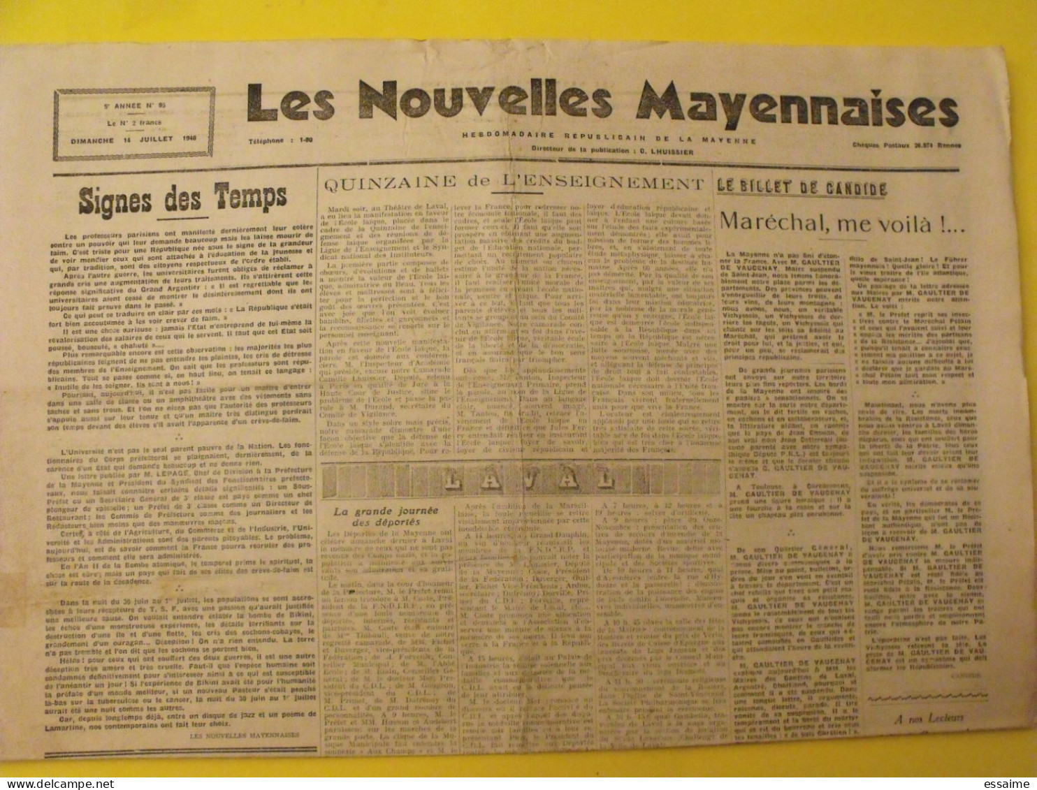 Hebdo Les Nouvelles Mayennaises. Chateau-Gontier Laval. N° 95 Du 14 Juillet 1946.déportés Nazis Moreau Lhuissier - Pays De Loire