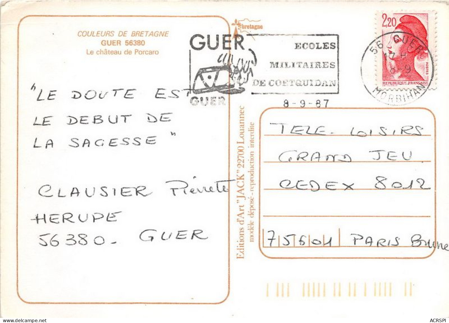 GUER Le Chateau De Porcaro 13(scan Recto-verso) MA1826 - Guer Coetquidan