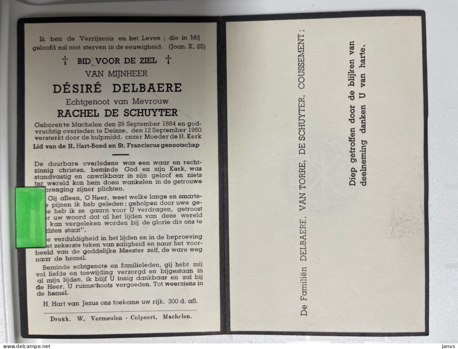 Devotie DP - Overlijden Désiré Delbaere Echtg De Schuyter - Machelen 1884 - Deinze 1950 - Décès