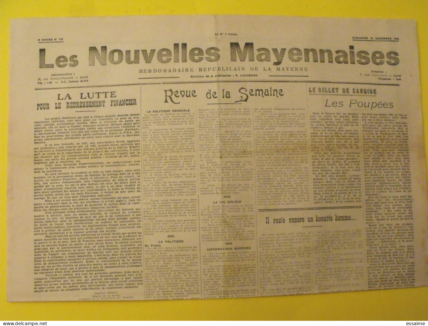 Hebdo Les Nouvelles Mayennaises. Chateau-Gontier Laval. N° 116 Du 29 Décembre 1946. Lhuissier Buffet Siam Waithayakou - Pays De Loire