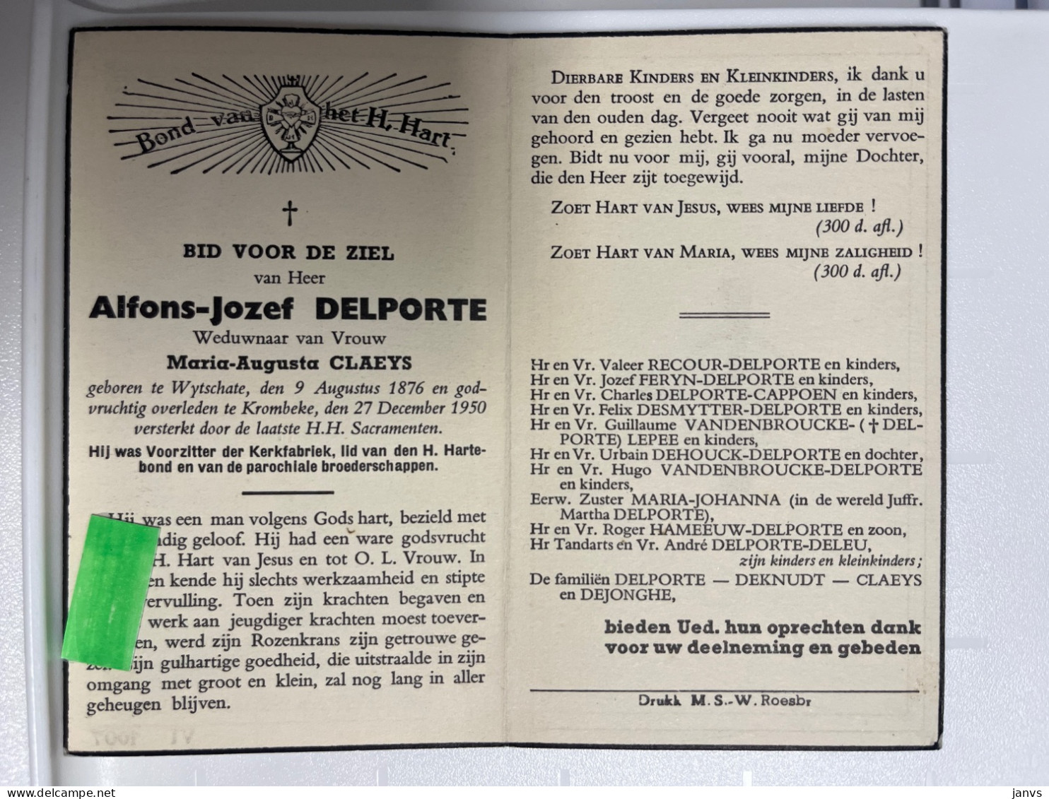 Devotie DP - Overlijden Alfons Delporte Wwe Claeys - Wytschate 1876 - Krombeke 1950 - Todesanzeige