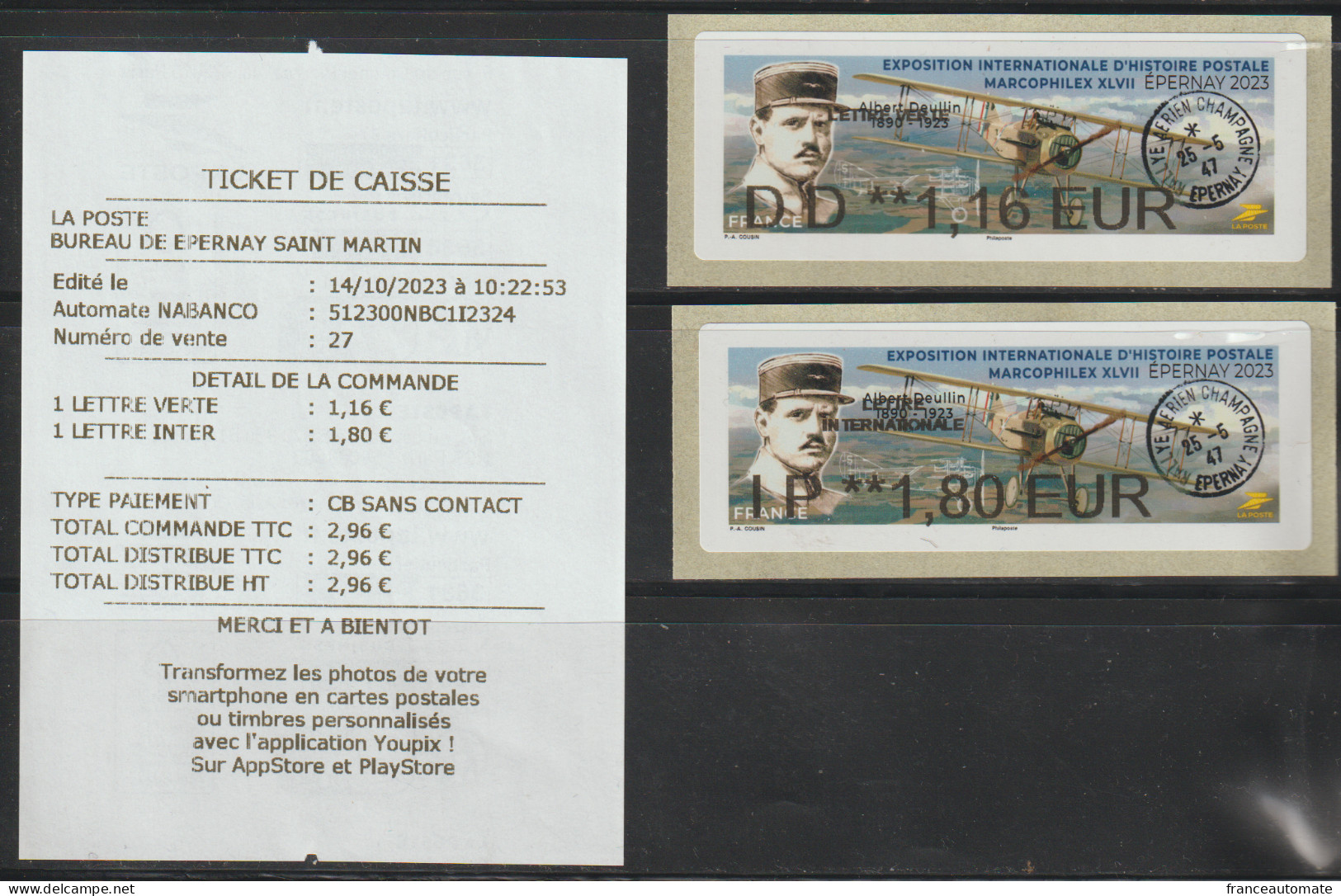 2 Atms, NABANCO, LETTRE VERTE DD1.16€, INTERNATIONALE IP1.80€. Epernay,MARCOPHILEX 2023, Aviateur Pierre- Louis DEULLIN - 2010-... Geïllustreerde Frankeervignetten