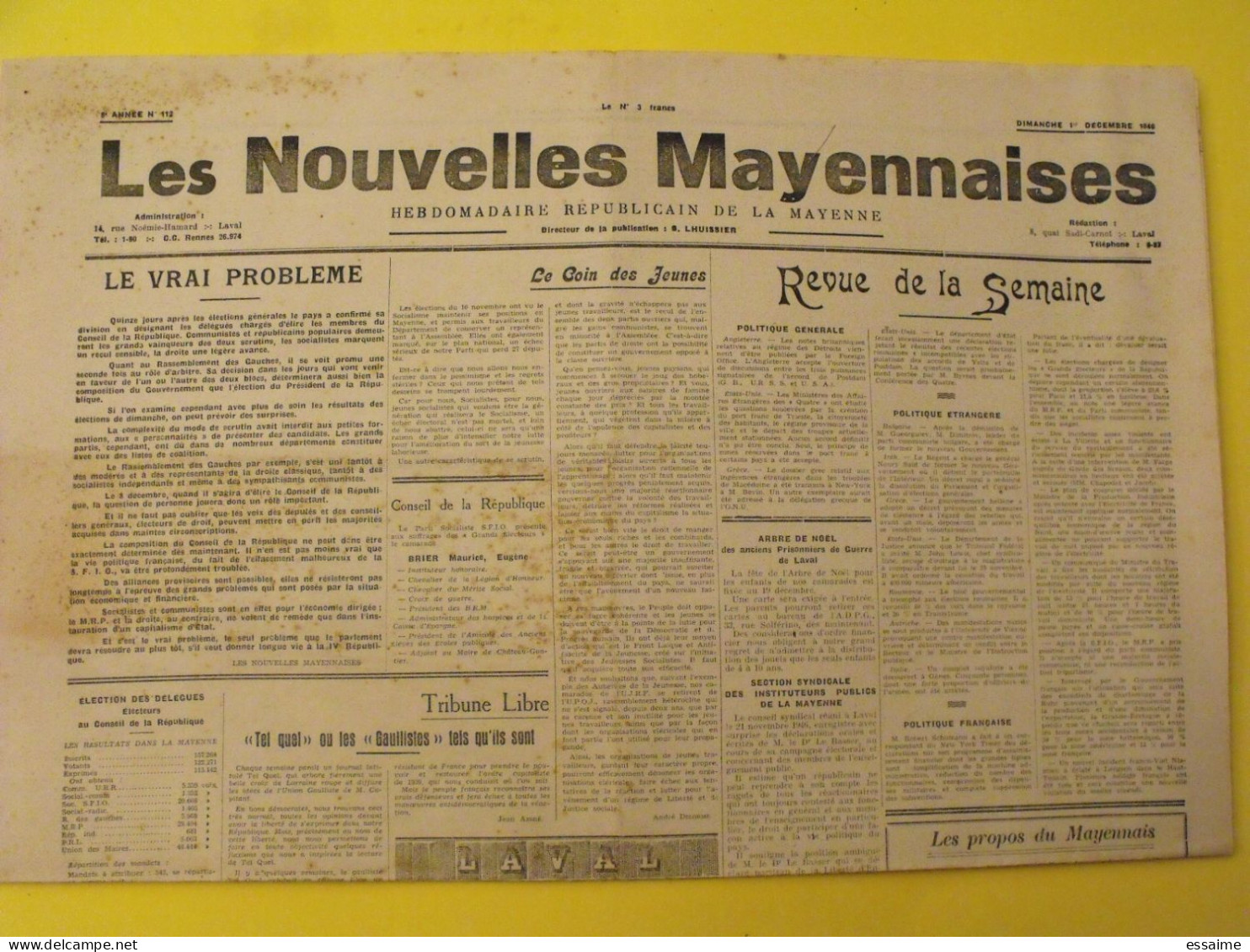 Hebdo Les Nouvelles Mayennaises. Chateau-Gontier Laval. N° 112 Du 1er Décembre 1946. Lhuissier Brier Robin - Pays De Loire